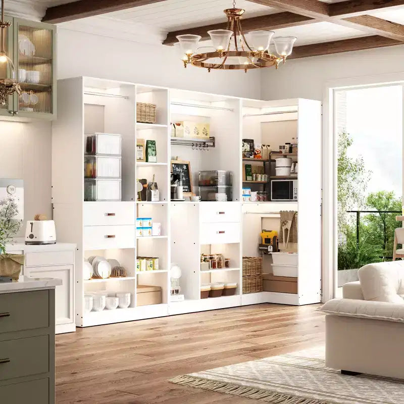 Set di armadi ad angolo Besiost 110-In con cassetti in legno, organizer per armadio autoportante con aste appendiabiti
