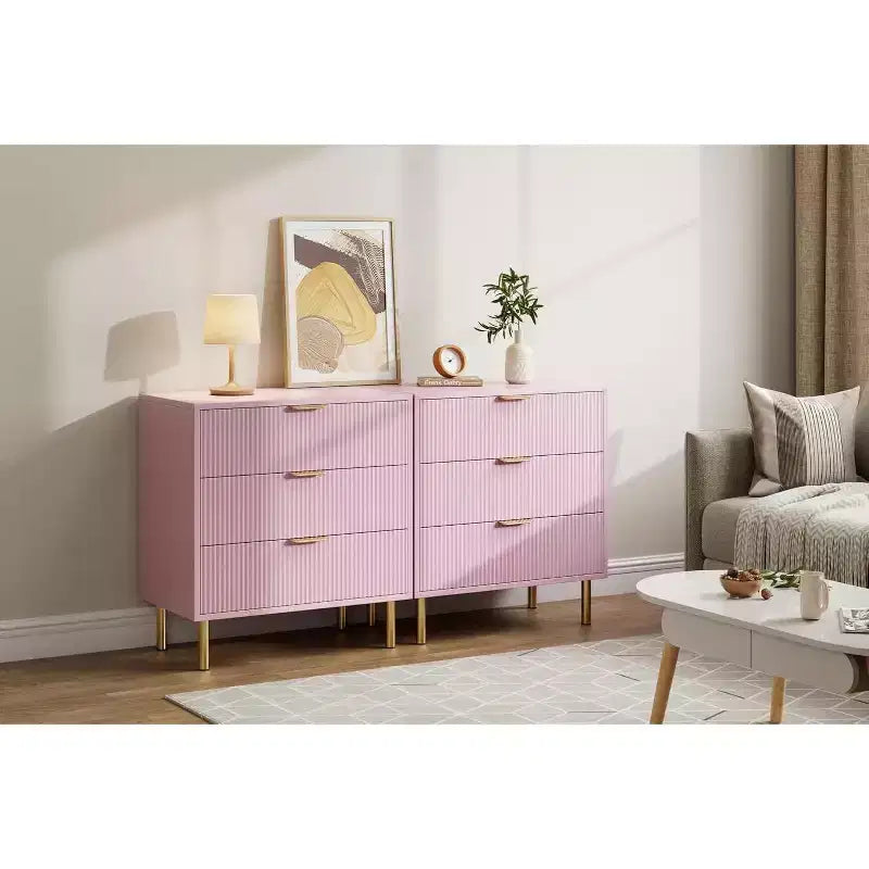 Cassettiera Rosa, Cassettiera Moderna in Legno a 3/5 Cassetti per Camera da Letto con Maniglie Dorate, Ampio Organizzatore e Cassettiera Doppia
