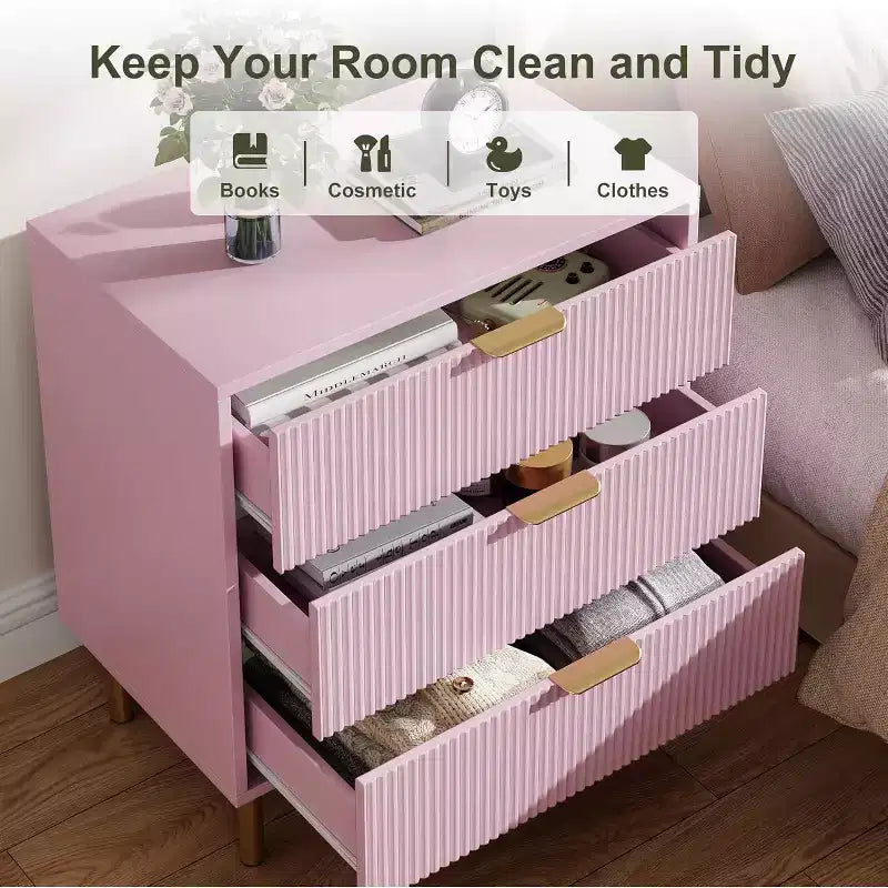 Cassettiera Rosa, Cassettiera Moderna in Legno a 3/5 Cassetti per Camera da Letto con Maniglie Dorate, Ampio Organizzatore e Cassettiera Doppia