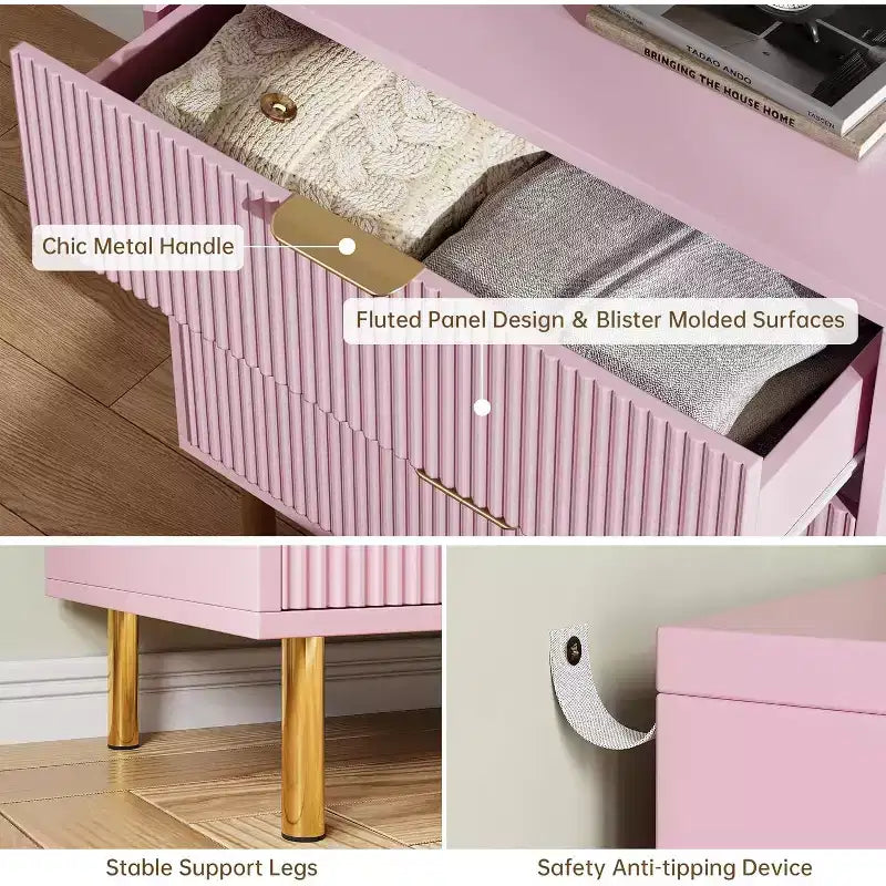 Cassettiera Rosa, Cassettiera Moderna in Legno a 3/5 Cassetti per Camera da Letto con Maniglie Dorate, Ampio Organizzatore e Cassettiera Doppia