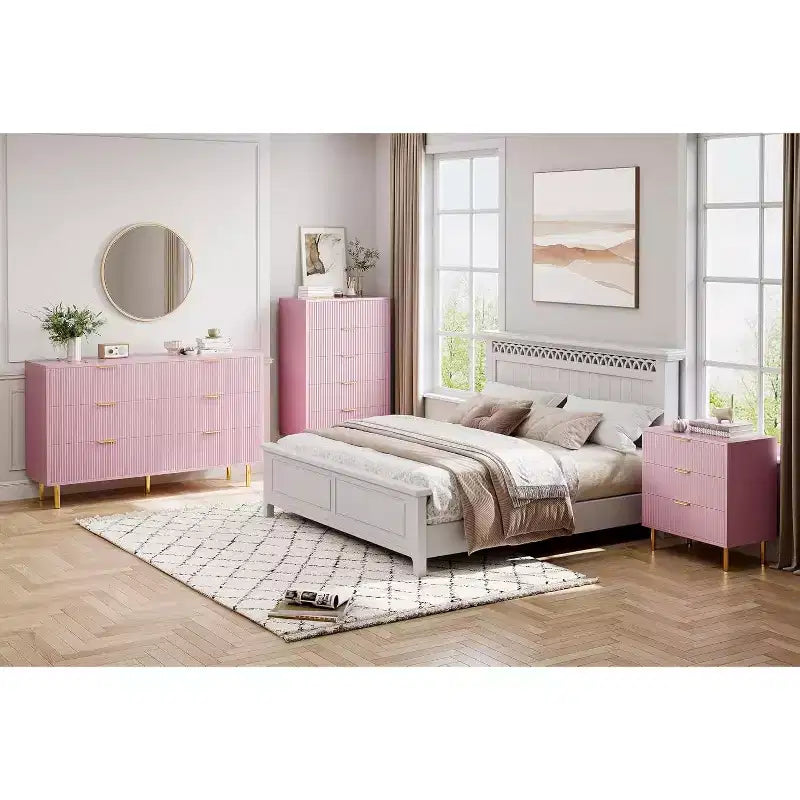 Cassettiera Rosa, Cassettiera Moderna in Legno a 3/5 Cassetti per Camera da Letto con Maniglie Dorate, Ampio Organizzatore e Cassettiera Doppia