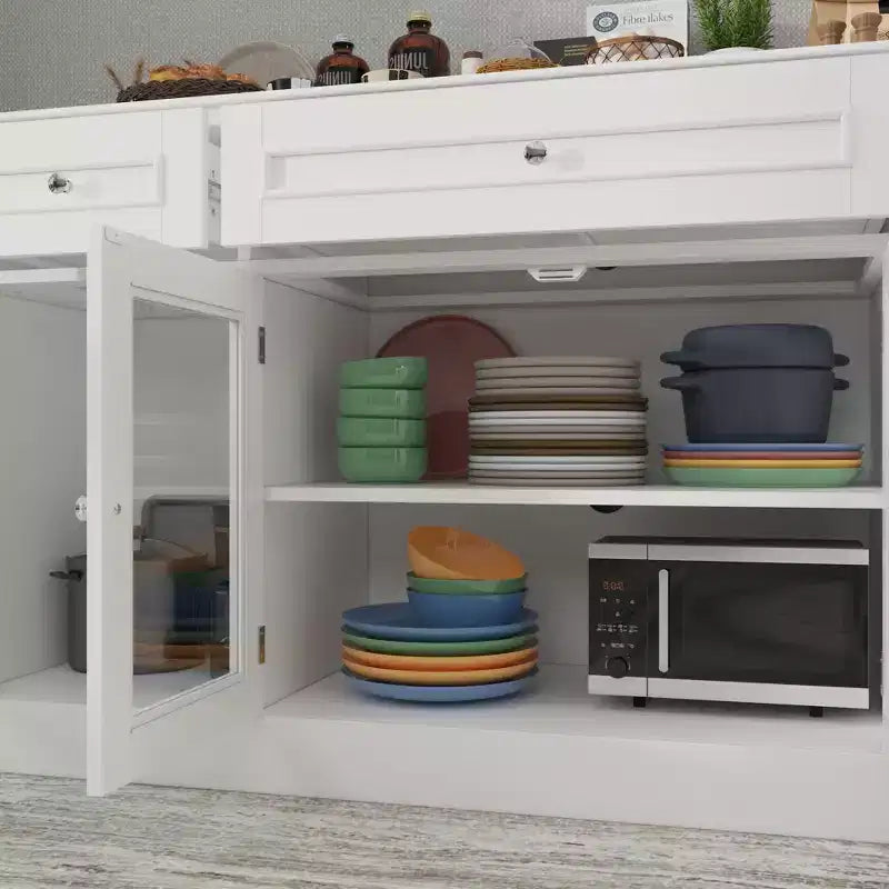 Madia per sala da pranzo Famapy con 3 cassetti e 4 ante in vetro, organizer per cucina e sala da pranzo, dispensa per stoviglie