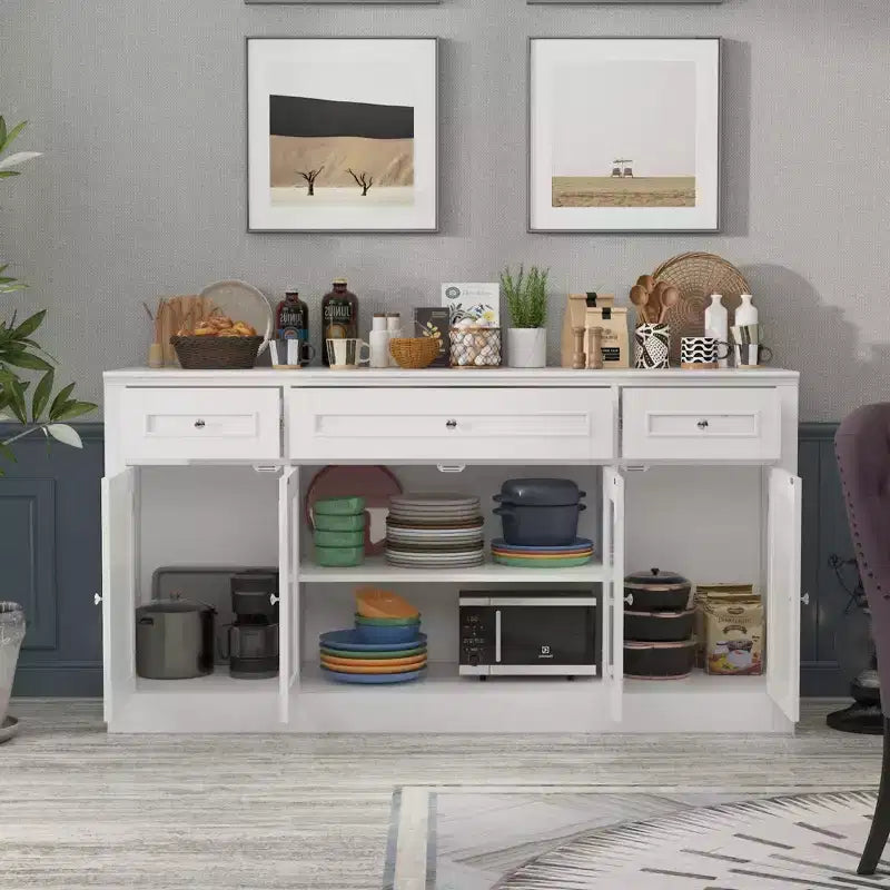 Madia per sala da pranzo Famapy con 3 cassetti e 4 ante in vetro, organizer per cucina e sala da pranzo, dispensa per stoviglie