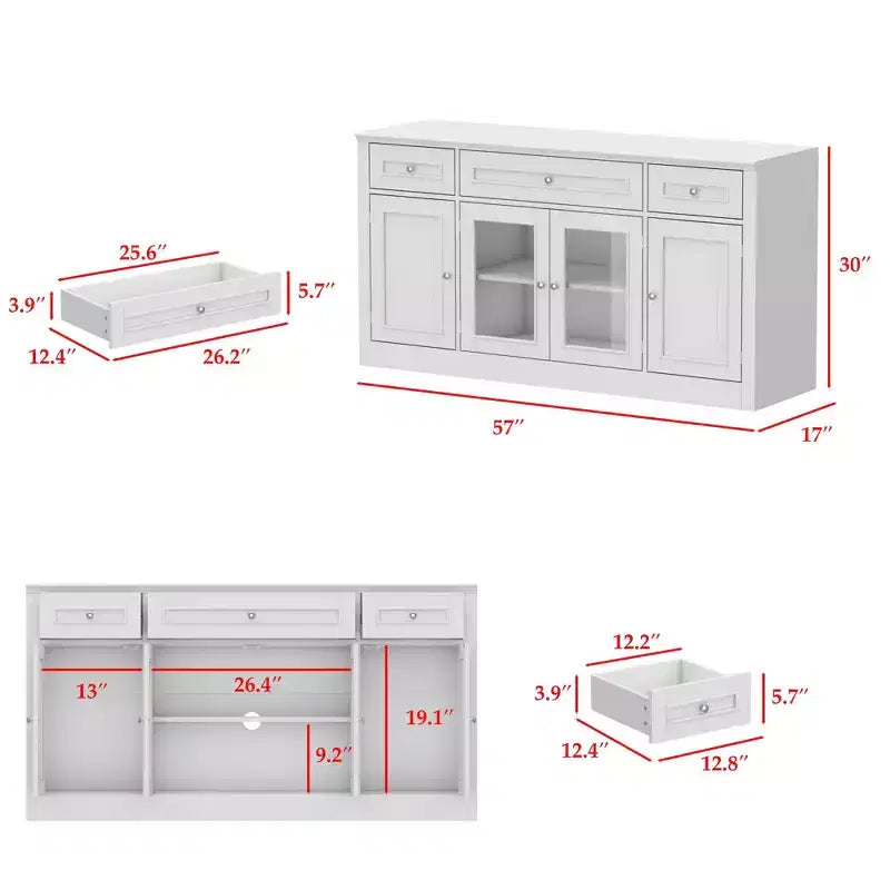 Madia per sala da pranzo Famapy con 3 cassetti e 4 ante in vetro, organizer per cucina e sala da pranzo, dispensa per stoviglie
