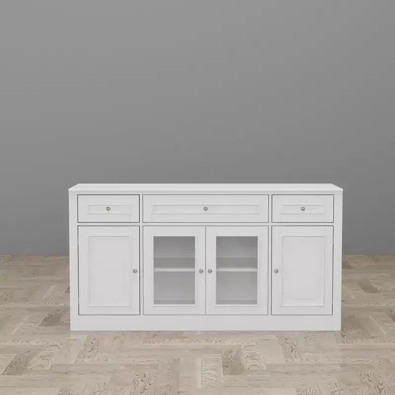 Madia per sala da pranzo Famapy con 3 cassetti e 4 ante in vetro, organizer per cucina e sala da pranzo, dispensa per stoviglie