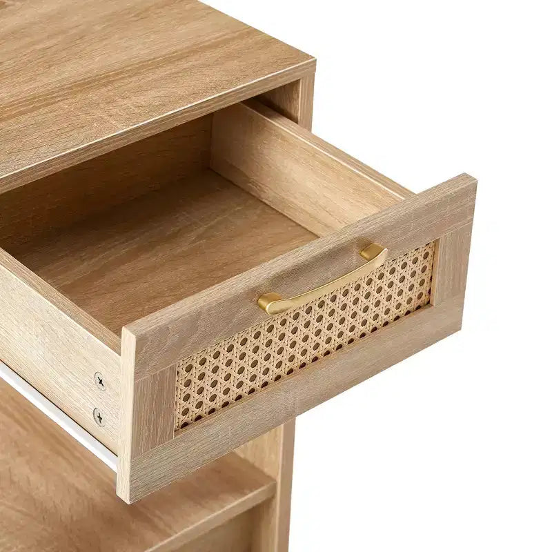 Comodino Homy Casa con cassetto in rattan, tavolino da notte con ripiano aperto