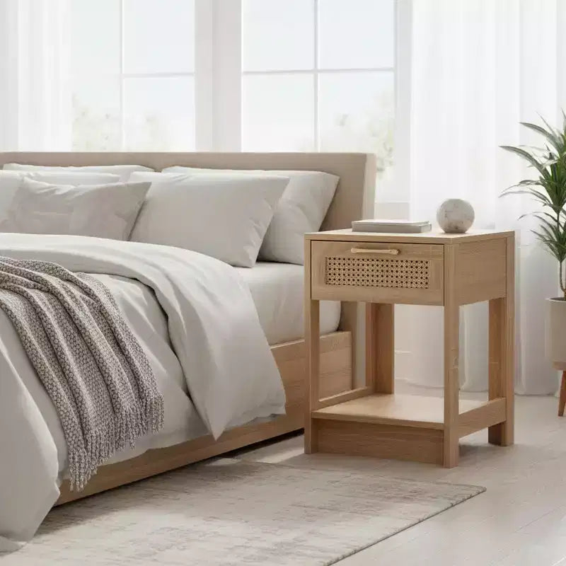 Comodino Homy Casa con cassetto in rattan, tavolino da notte con ripiano aperto