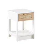 Comodino Homy Casa con cassetto in rattan, tavolino da notte con ripiano aperto