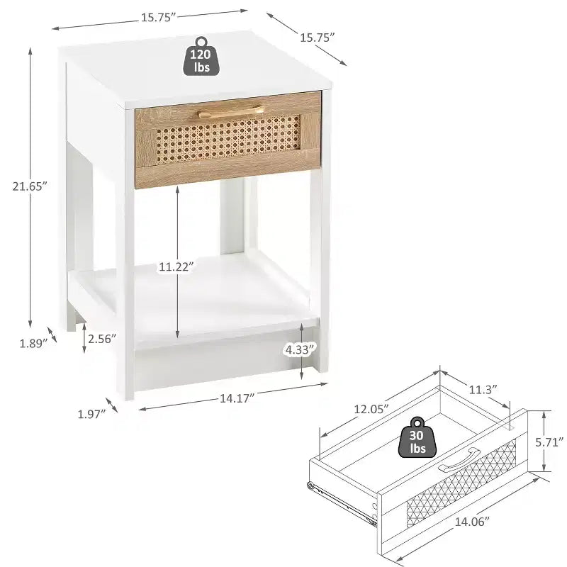 Comodino Homy Casa con cassetto in rattan, tavolino da notte con ripiano aperto