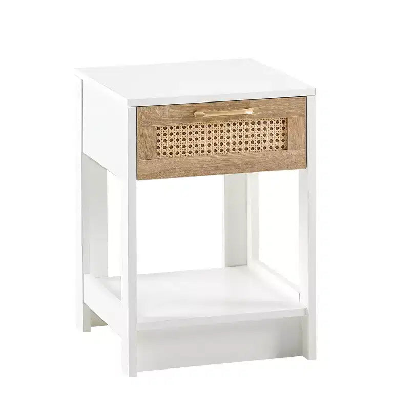 Comodino Homy Casa con cassetto in rattan, tavolino da notte con ripiano aperto