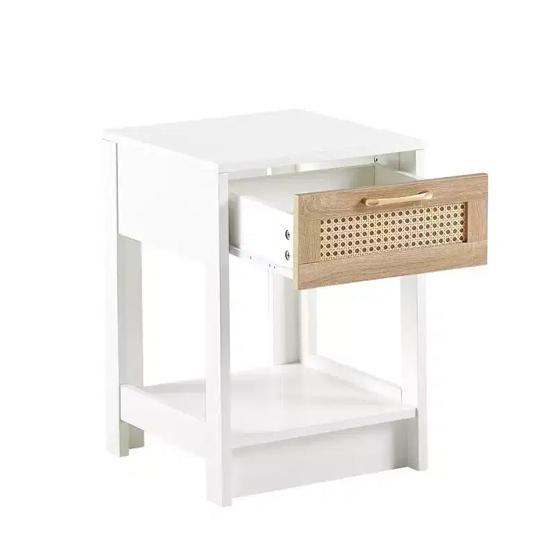 Comodino Homy Casa con cassetto in rattan, tavolino da notte con ripiano aperto