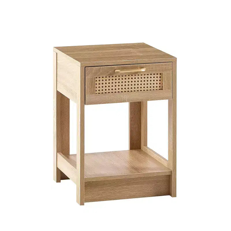 Comodino Homy Casa con cassetto in rattan, tavolino da notte con ripiano aperto