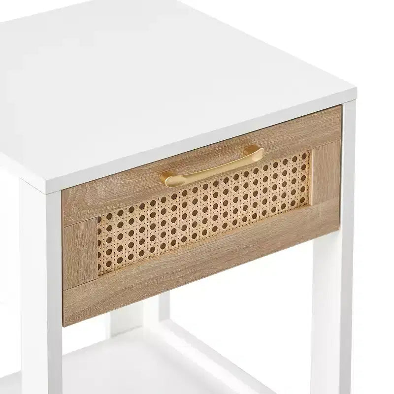 Comodino Homy Casa con cassetto in rattan, tavolino da notte con ripiano aperto