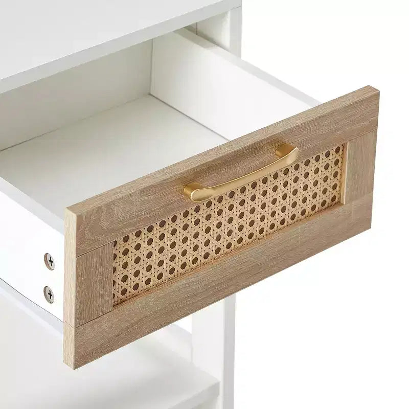 Comodino Homy Casa con cassetto in rattan, tavolino da notte con ripiano aperto