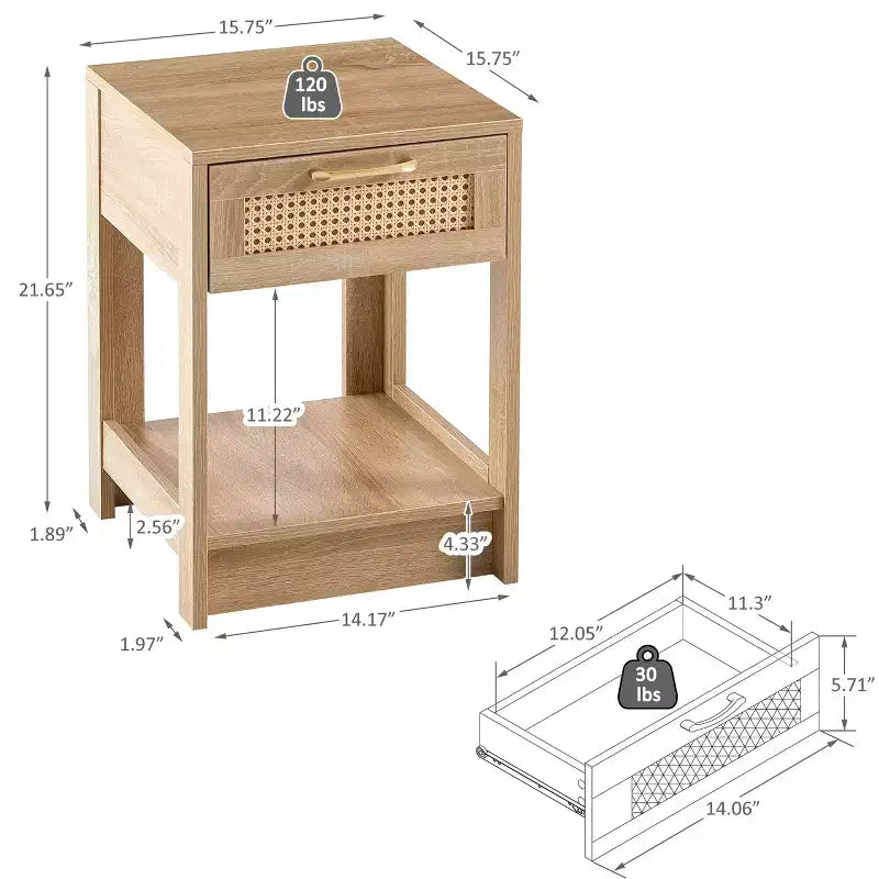 Comodino Homy Casa con cassetto in rattan, tavolino da notte con ripiano aperto