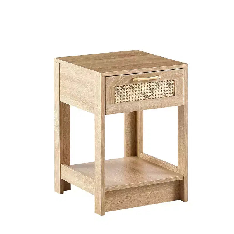 Comodino Homy Casa con cassetto in rattan, tavolino da notte con ripiano aperto