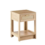 Comodino Homy Casa con cassetto in rattan, tavolino da notte con ripiano aperto