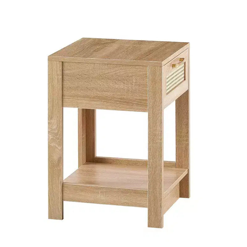 Comodino Homy Casa con cassetto in rattan, tavolino da notte con ripiano aperto