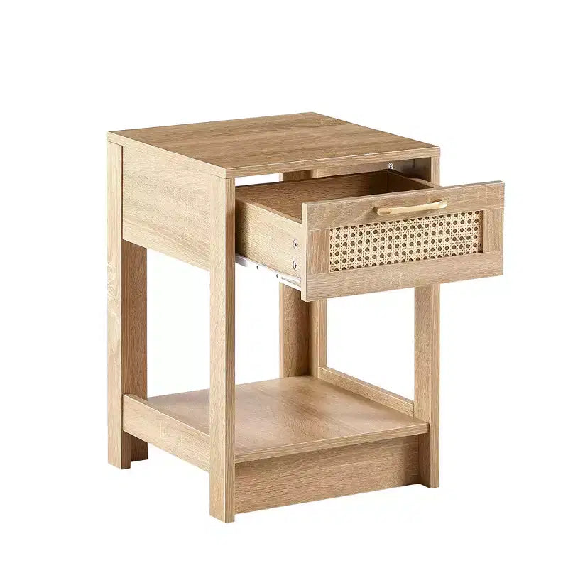 Comodino Homy Casa con cassetto in rattan, tavolino da notte con ripiano aperto