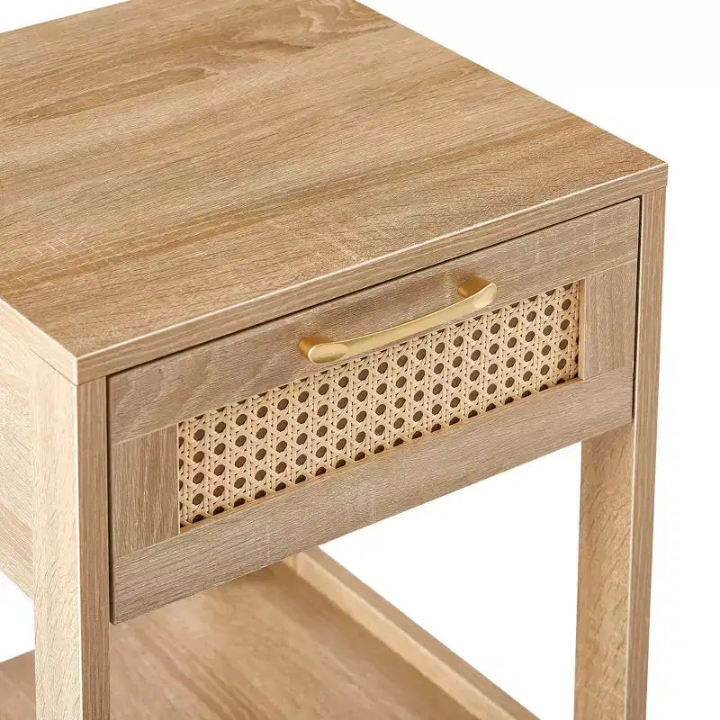 Comodino Homy Casa con cassetto in rattan, tavolino da notte con ripiano aperto