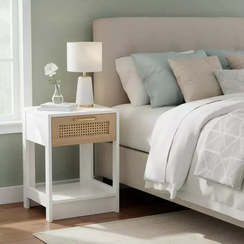 Comodino Homy Casa con cassetto in rattan, tavolino da notte con ripiano aperto