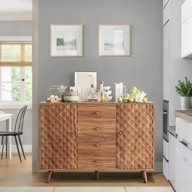 Credenza con 4 cassetti, mobile buffet con spazio contenitivo, credenze moderne di metà secolo con 2 ante, cucina, sala da pranzo, soggiorno