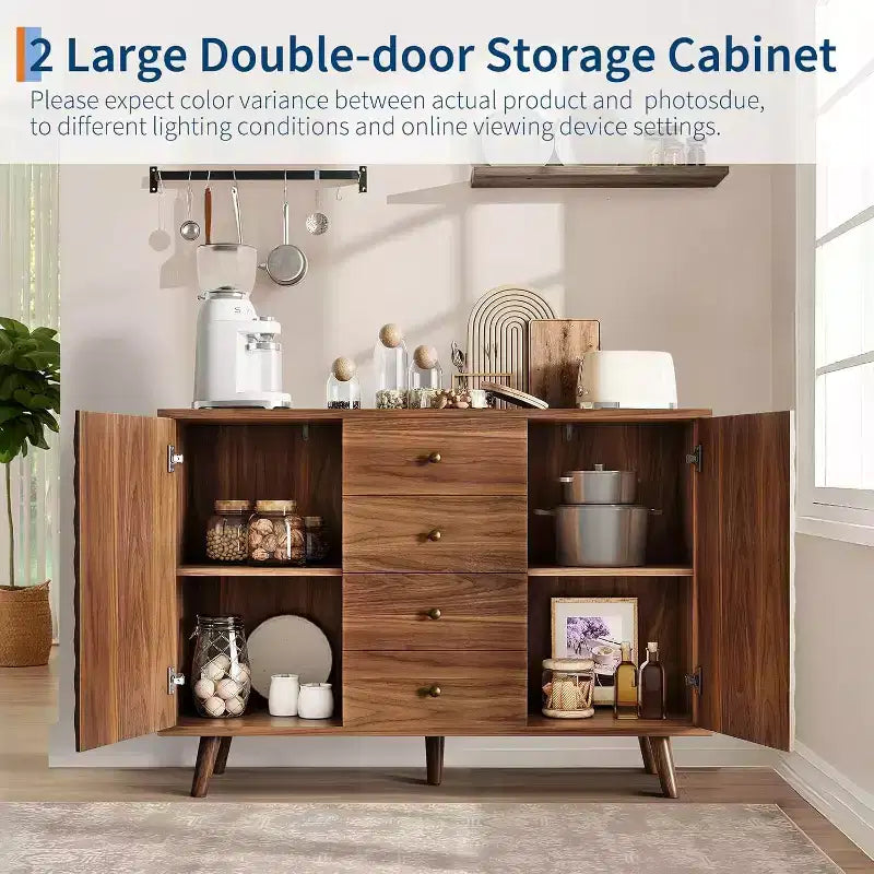 Credenza con 4 cassetti, mobile buffet con spazio contenitivo, credenze moderne di metà secolo con 2 ante, cucina, sala da pranzo, soggiorno