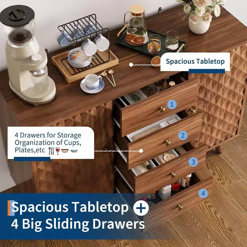 Credenza con 4 cassetti, mobile buffet con spazio contenitivo, credenze moderne di metà secolo con 2 ante, cucina, sala da pranzo, soggiorno