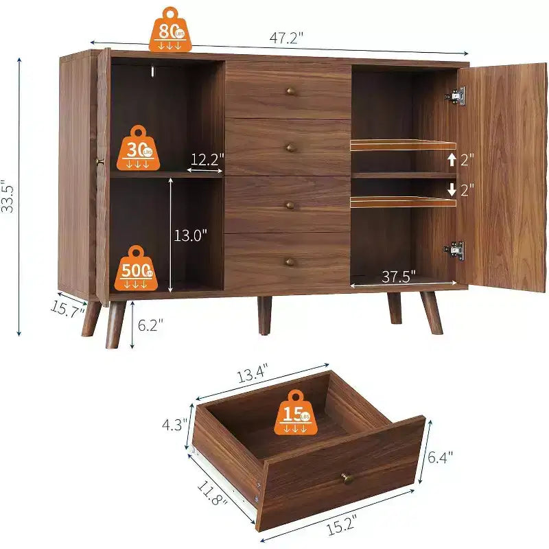 Credenza con 4 cassetti, mobile buffet con spazio contenitivo, credenze moderne di metà secolo con 2 ante, cucina, sala da pranzo, soggiorno