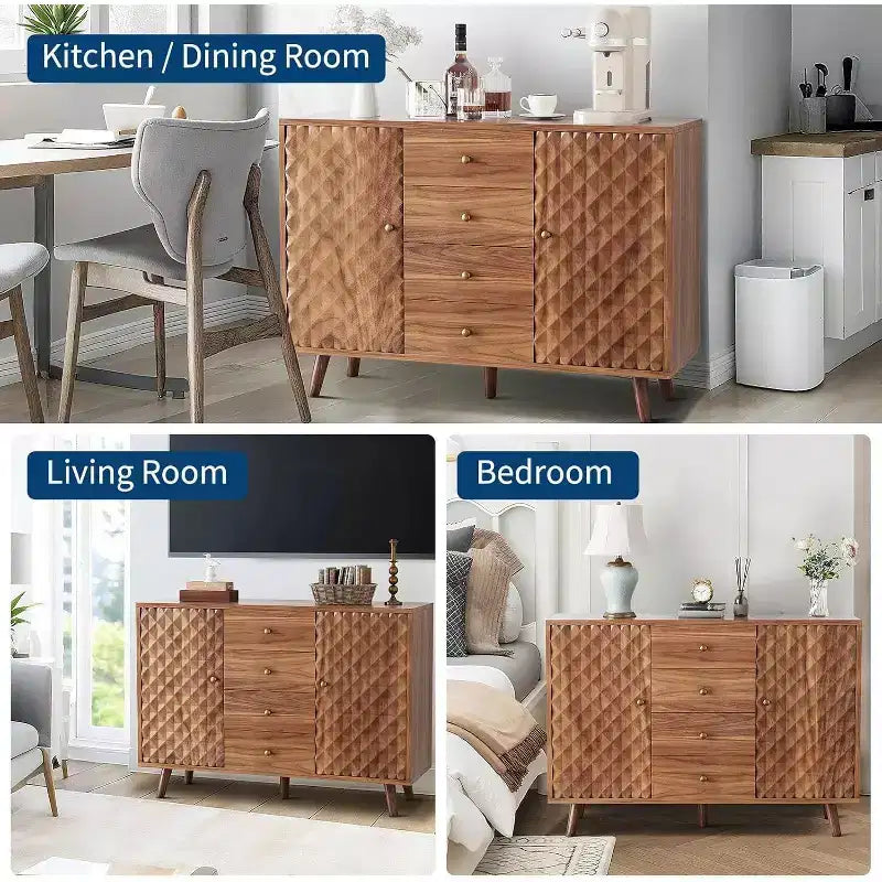 Credenza con 4 cassetti, mobile buffet con spazio contenitivo, credenze moderne di metà secolo con 2 ante, cucina, sala da pranzo, soggiorno