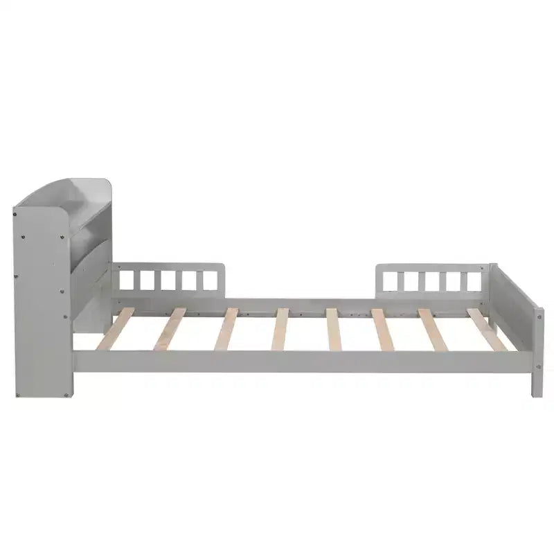 Letto matrimoniale Luxystar in legno con testiera libreria, luce LED con sensore di movimento e spondine regolabili