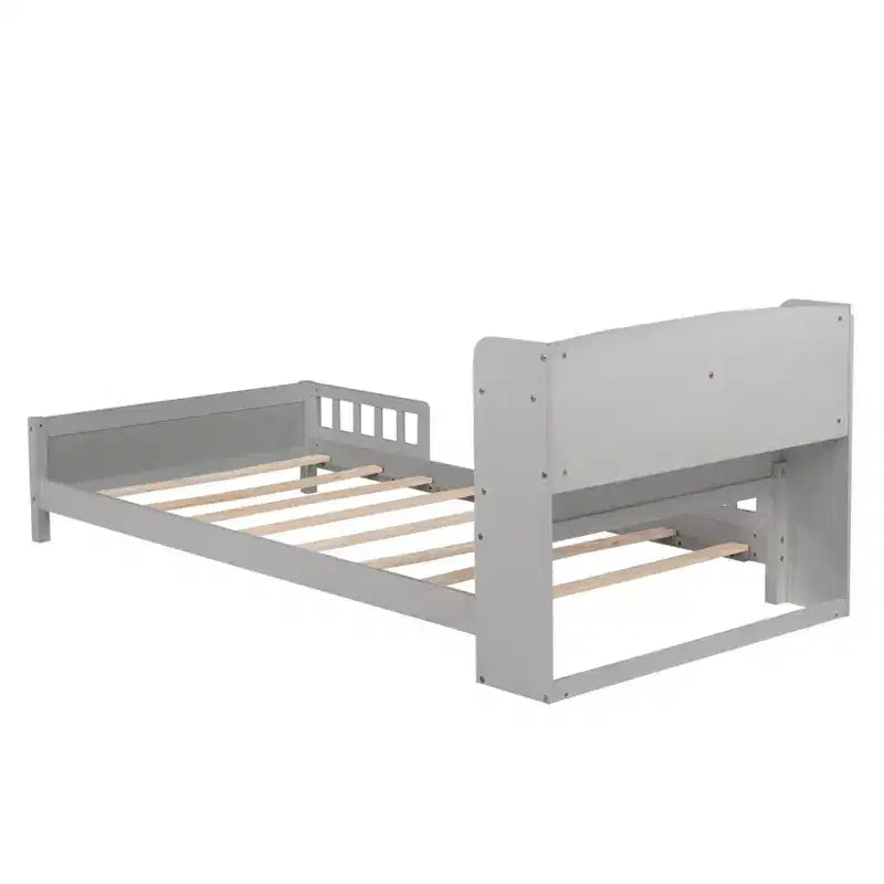Letto matrimoniale Luxystar in legno con testiera libreria, luce LED con sensore di movimento e spondine regolabili