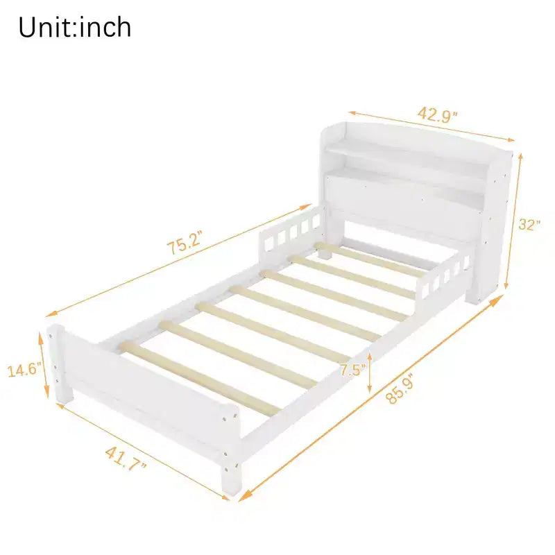 Letto matrimoniale Luxystar in legno con testiera libreria, luce LED con sensore di movimento e spondine regolabili