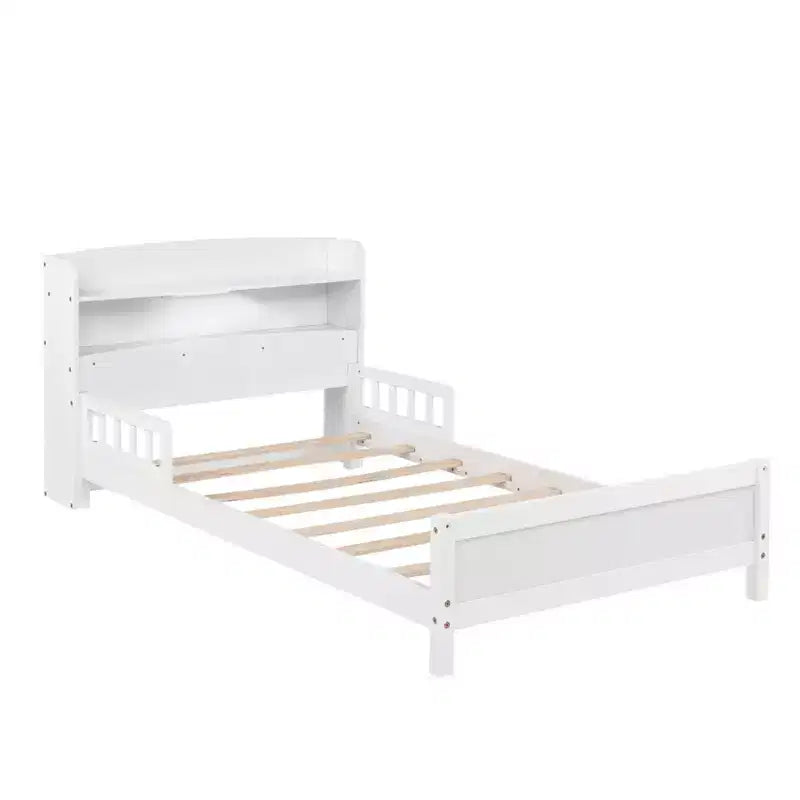 Letto matrimoniale Luxystar in legno con testiera libreria, luce LED con sensore di movimento e spondine regolabili
