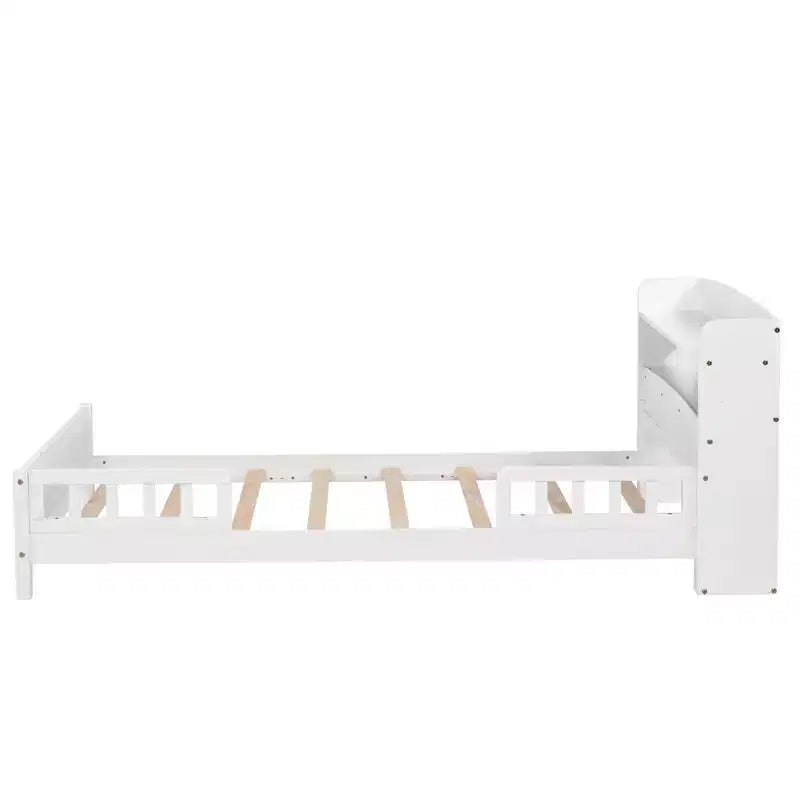 Letto matrimoniale Luxystar in legno con testiera libreria, luce LED con sensore di movimento e spondine regolabili