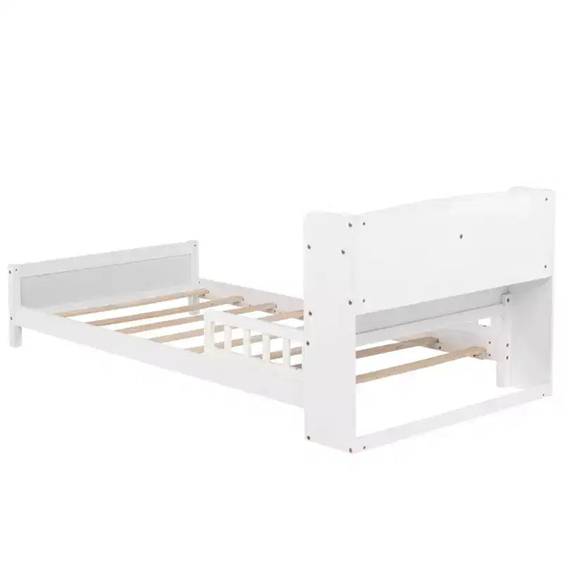 Letto matrimoniale Luxystar in legno con testiera libreria, luce LED con sensore di movimento e spondine regolabili