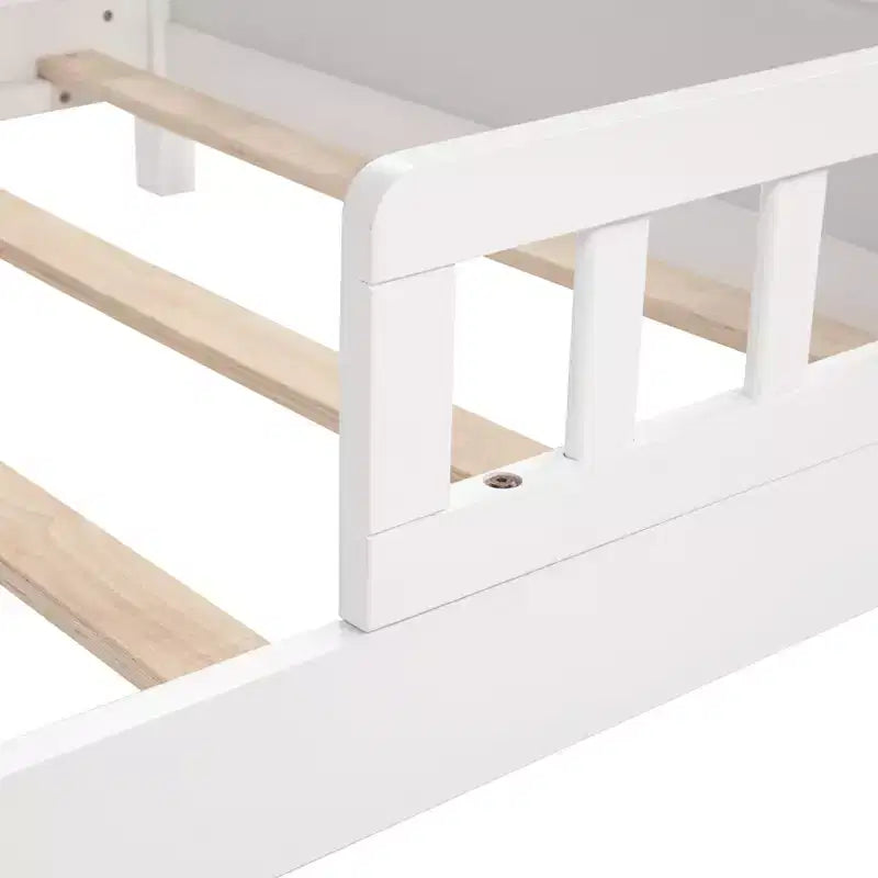 Letto matrimoniale Luxystar in legno con testiera libreria, luce LED con sensore di movimento e spondine regolabili