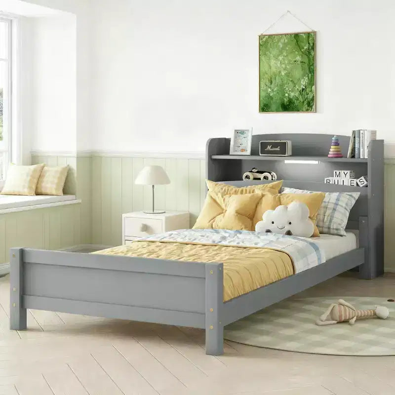 Luxystar Twin Wood Bed with Bookcase Headboard ,LED Motion Sensor Light and Adjustable Guardrails