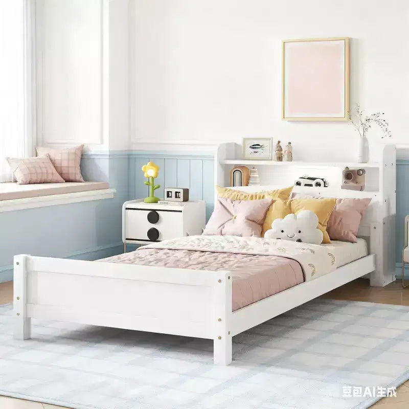 Letto matrimoniale Luxystar in legno con testiera libreria, luce LED con sensore di movimento e spondine regolabili