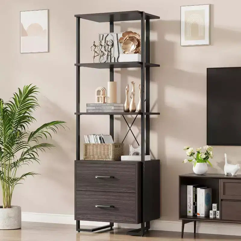 Ladder Bookshelf with Drawers, Tall Corner Storage Bookcase for Bedroom and Home Office, Multi-Purpose Organizer with Wood Tone Finish