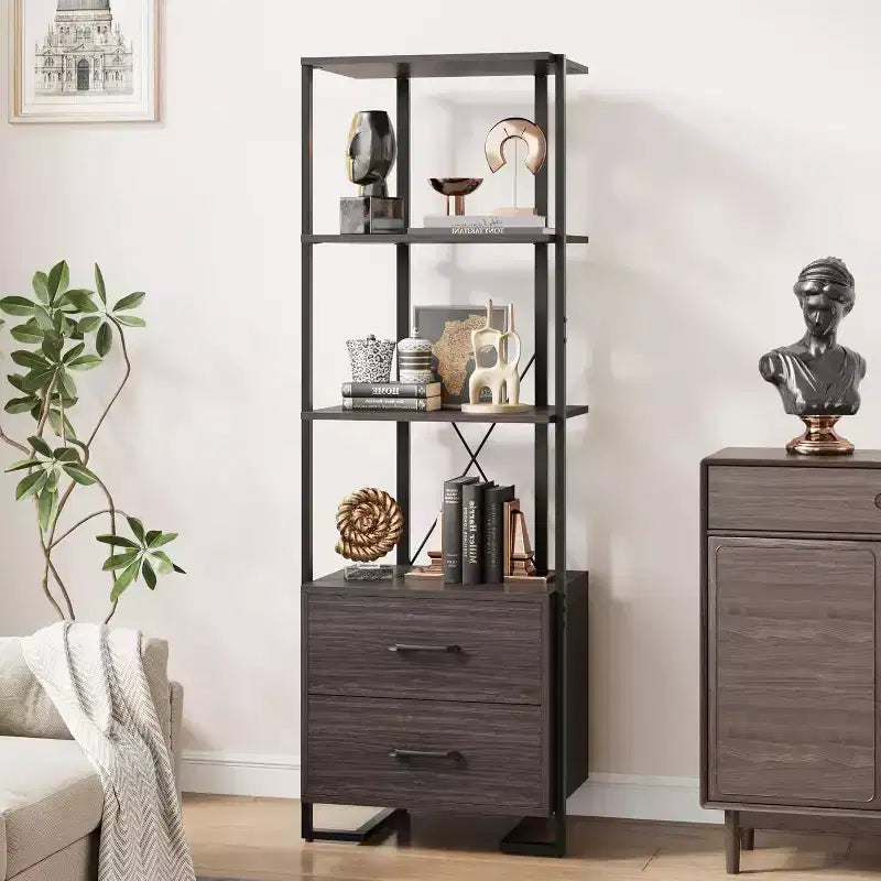 Scaffale a Scala con Cassetti, Libreria angolare Alta per Camera da Letto e Ufficio, Organizzatore Multiuso con Finitura Effetto Legno