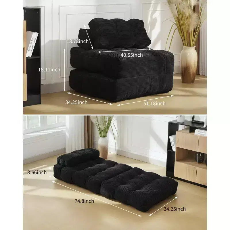 79 Divano Letto Pieghevole, Poltrona Letto Convertibile Singola con Cuscino, Materasso, Chaise Longue da Terra Portatile con Fodera Lavabile in Lavatrice per Soggiorno