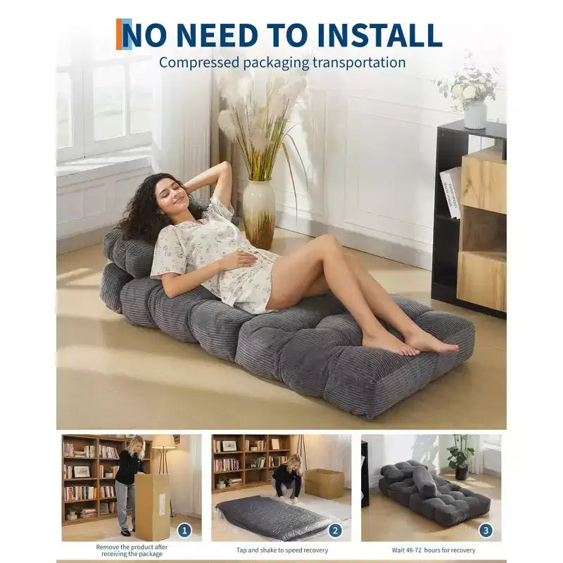 79 Divano Letto Pieghevole, Poltrona Letto Convertibile Singola con Cuscino, Materasso, Chaise Longue da Terra Portatile con Fodera Lavabile in Lavatrice per Soggiorno
