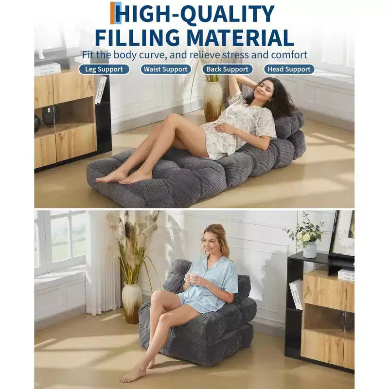 79 Divano Letto Pieghevole, Poltrona Letto Convertibile Singola con Cuscino, Materasso, Chaise Longue da Terra Portatile con Fodera Lavabile in Lavatrice per Soggiorno