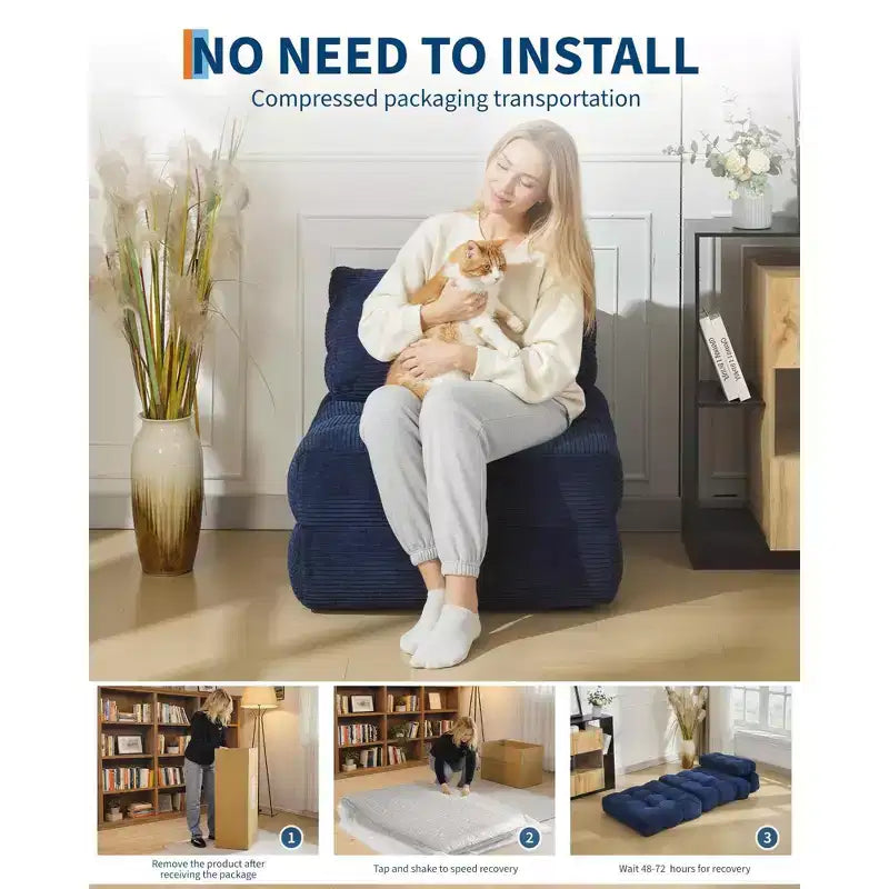 79 Divano Letto Pieghevole, Poltrona Letto Convertibile Singola con Cuscino, Materasso, Chaise Longue da Terra Portatile con Fodera Lavabile in Lavatrice per Soggiorno