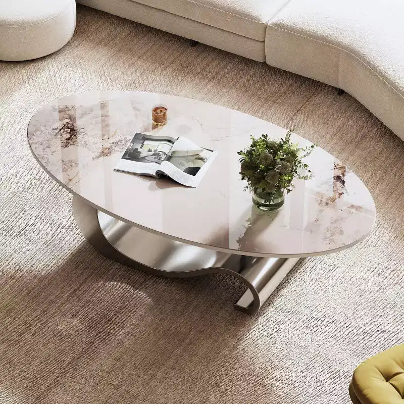Tavolino da caffè ovale 49 con ripiano in finto marmo e base in acciaio inossidabile, tavolo centrale moderno o tavolino da cocktail per soggiorno-Panipeachy