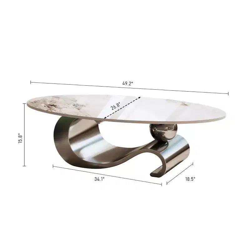 Tavolino da caffè ovale 49 con ripiano in finto marmo e base in acciaio inossidabile, tavolo centrale moderno o tavolino da cocktail per soggiorno-Panipeachy