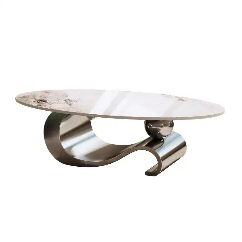 Tavolino da caffè ovale 49 con ripiano in finto marmo e base in acciaio inossidabile, tavolo centrale moderno o tavolino da cocktail per soggiorno-Panipeachy