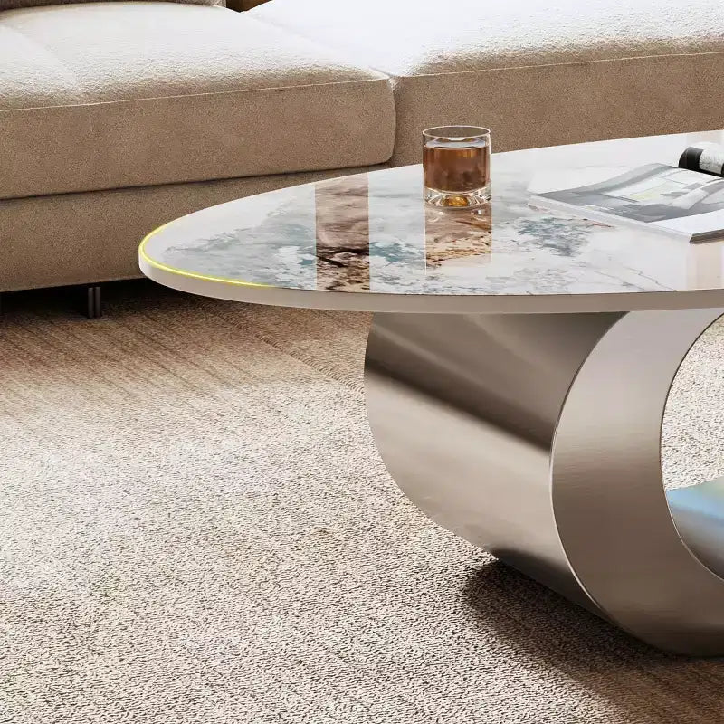 Tavolino da caffè ovale 49 con ripiano in finto marmo e base in acciaio inossidabile, tavolo centrale moderno o tavolino da cocktail per soggiorno-Panipeachy