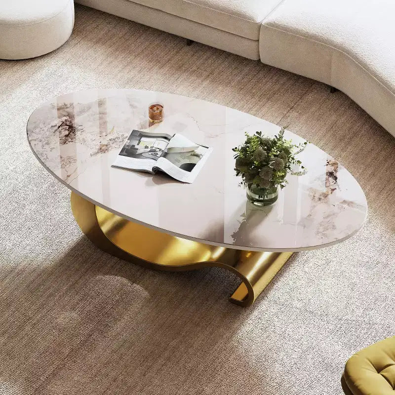 Tavolino da caffè ovale 49 con ripiano in finto marmo e base in acciaio inossidabile, tavolo centrale moderno o tavolino da cocktail per soggiorno-Panipeachy